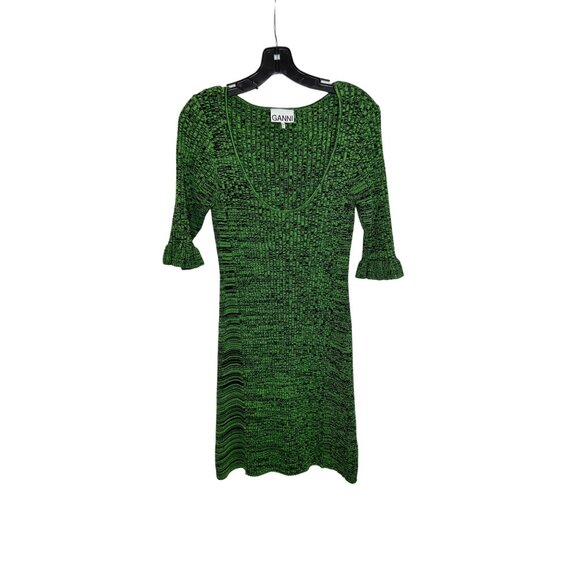 GANNI Kelly Green Ribbed Knit Scoop Neck Ruffle Sleeve Mini Dress - Size L - Picture 2 of 8